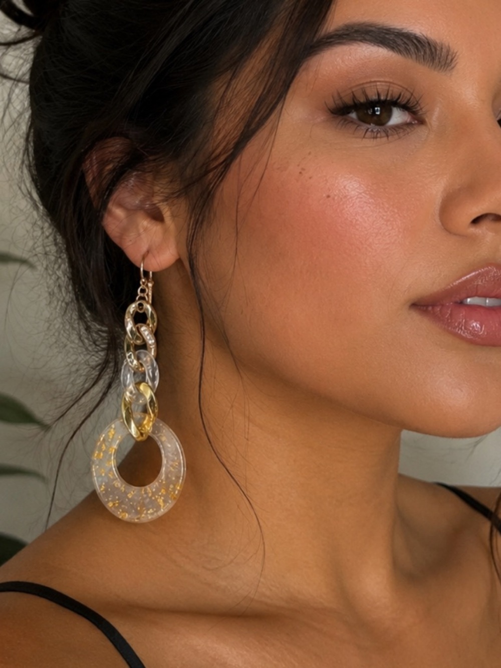 Fashion Nova Gold and Clear Resin Chain Hoop Drop Earrings